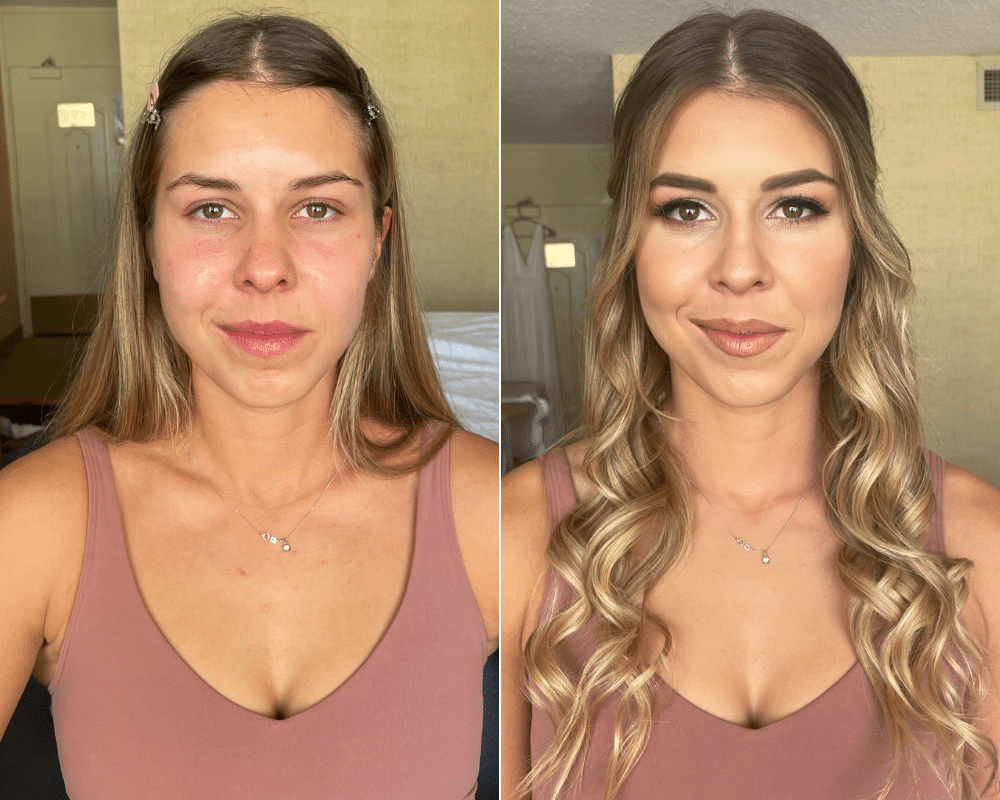 reveal hair and makeup before and after of brunette woman