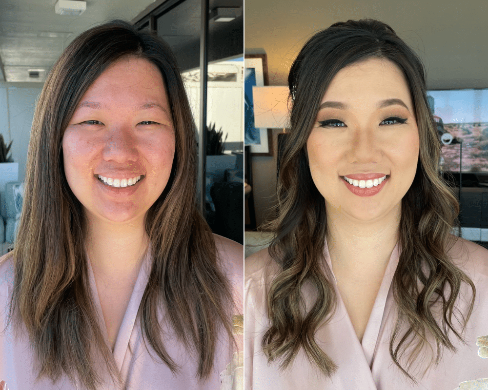 reveal hair and makeup before and after of brown haired woman