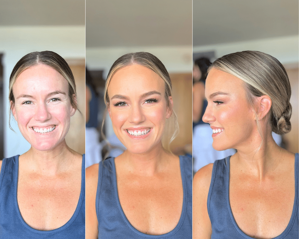 bridal makeup on tan blonde bride