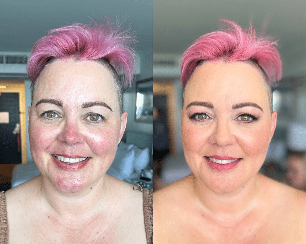bridal makeup on mature bride with short pink hair and red skin tone